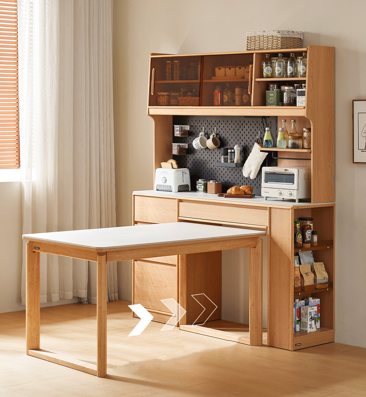 Bộ Bàn Ăn Mặt Đá Tự Nhiên Kết Hợp Tủ Bếp Đa Năng Haigo KC399