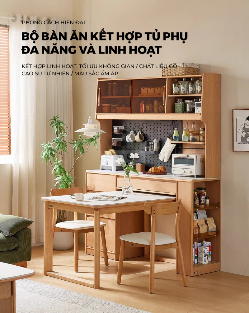 Bộ Bàn Ăn Mặt Đá Tự Nhiên Kết Hợp Tủ Bếp Đa Năng Haigo KC399