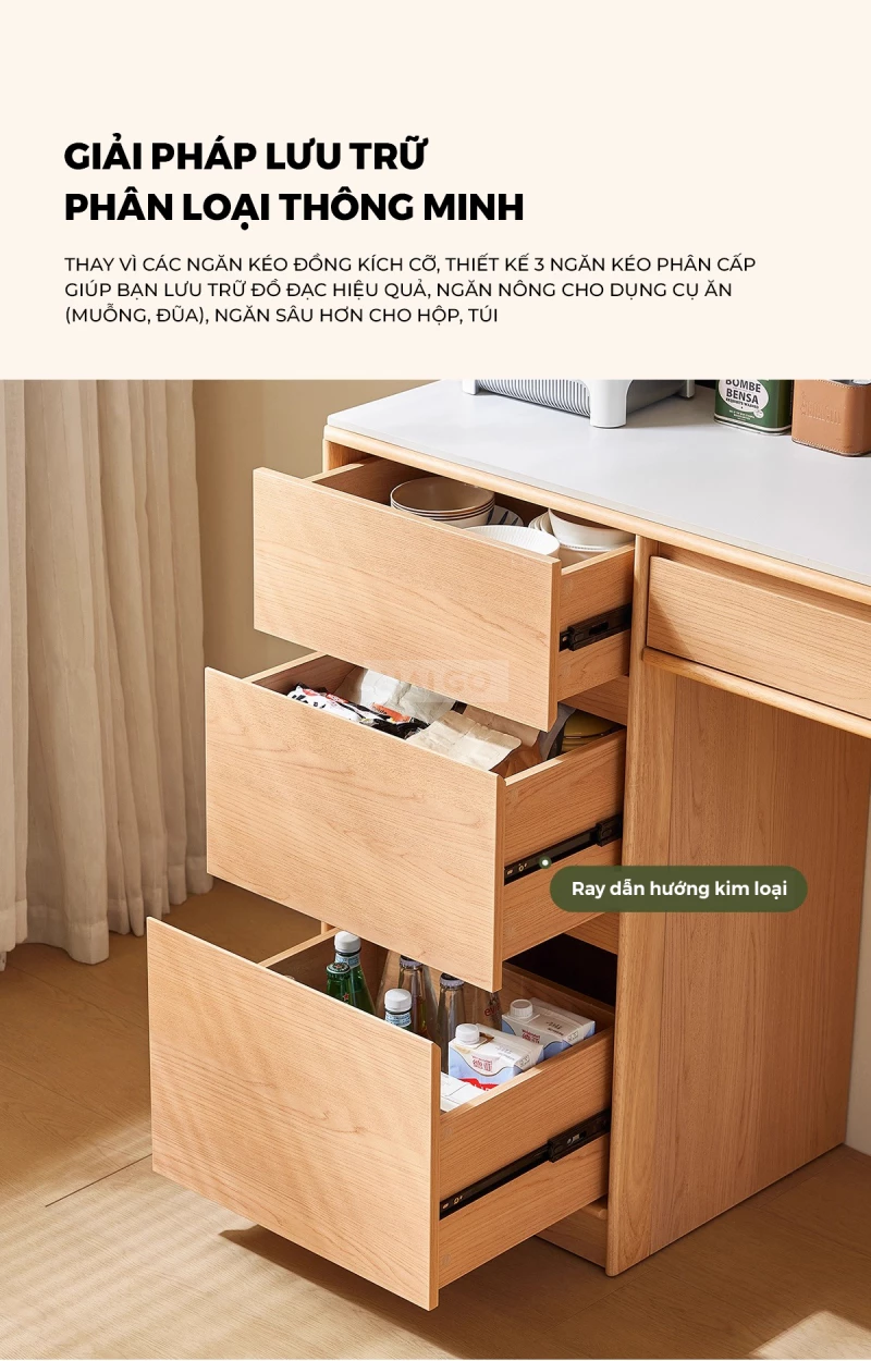 Bộ Bàn Ăn Mặt Đá Tự Nhiên Kết Hợp Tủ Bếp Đa Năng Haigo KC399