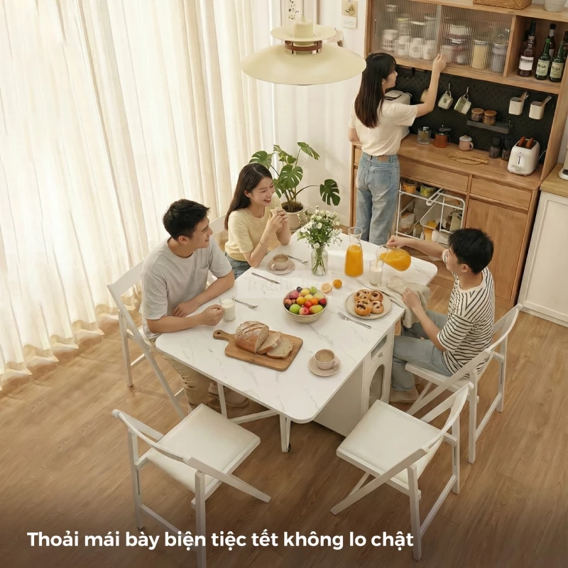 Bộ Bàn Ăn Thông Minh Tone Trắng Smart BA043 với thiết kế mở rộng mang đến không gian sử dụng rộng dãi.