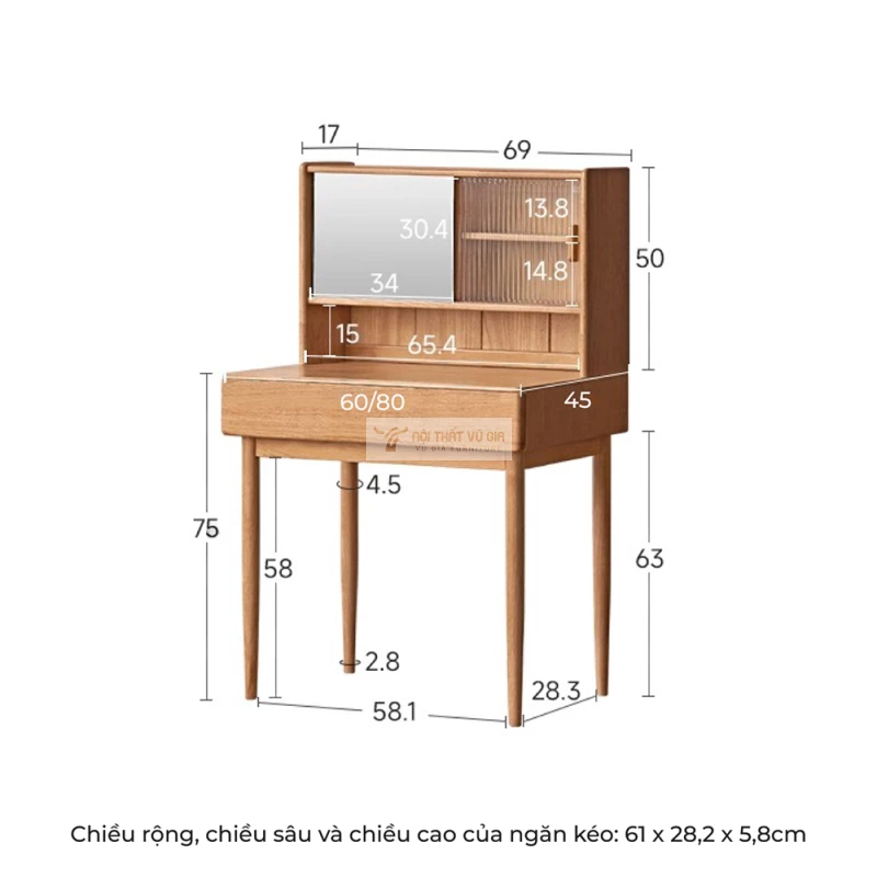 kích thước chi tiết bàn trang điểm của Bộ nội thất phòng ngủ gỗ tự nhiên phong cách hiện đại BR169