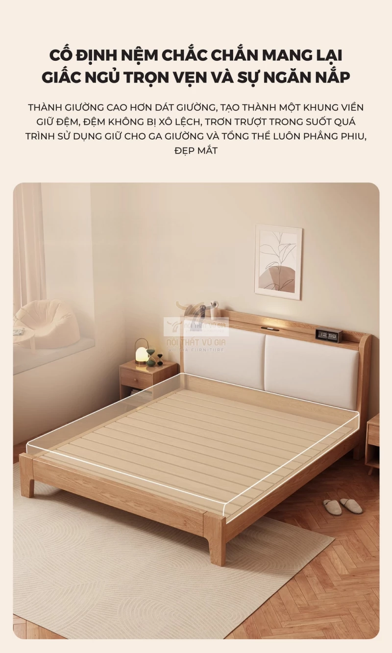 thiết kế chống trôi nệm của giường Bộ nội thất phòng ngủ gỗ tự nhiên phong cách hiện đại BR169