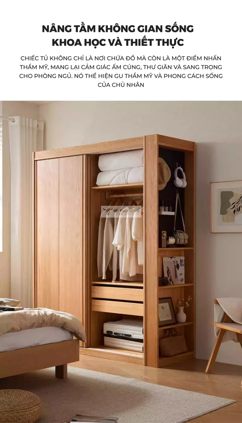 thiết kế khoa học của tủ quần áo Bộ nội thất phòng ngủ gỗ tự nhiên phong cách hiện đại, tối giản BR177