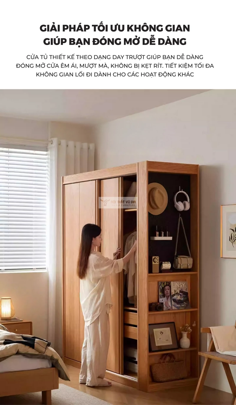 không gian lưu trữ của tủ quần áo Bộ nội thất phòng ngủ gỗ tự nhiên phong cách hiện đại, tối giản BR177