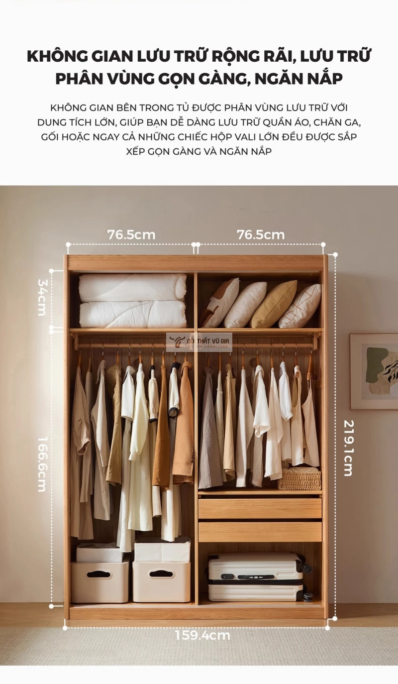 kích thước tủ quần áo của Bộ nội thất phòng ngủ gỗ tự nhiên phong cách hiện đại, tối giản BR177
