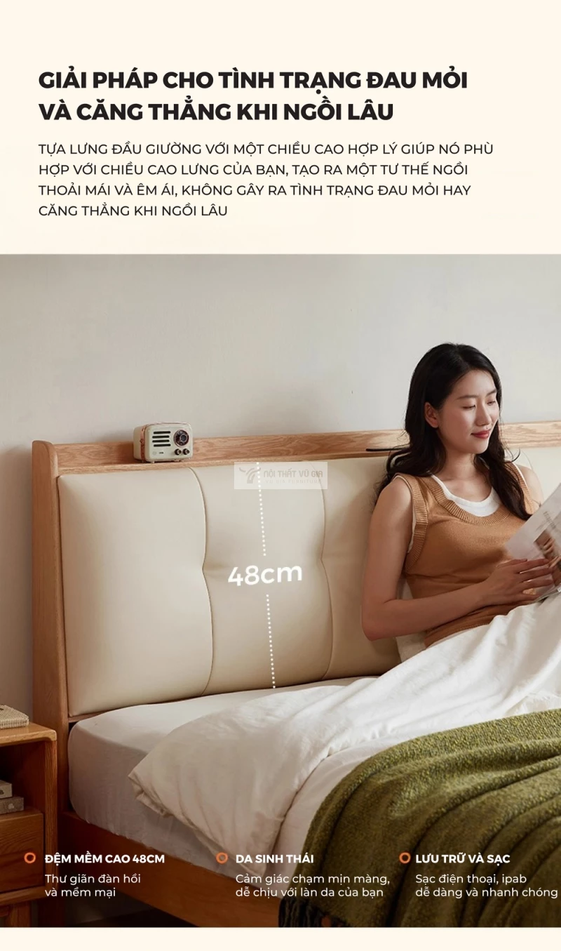 chi đầu giường của giường Bộ nội thất phòng ngủ gỗ tự nhiên phong cách hiện đại, tối giản BR177