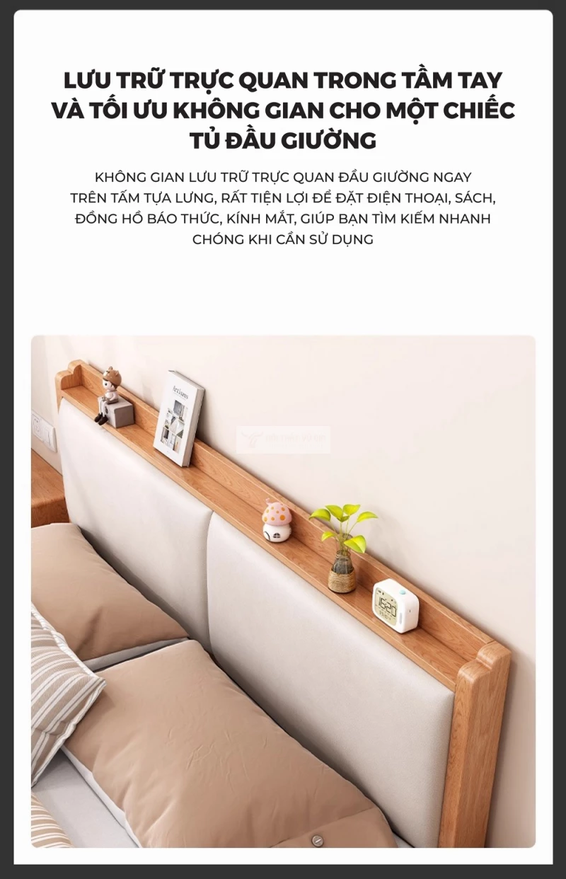 không gian lưu trữ đầu giường của Bộ nội thất phòng ngủ gỗ tự nhiên thiết kế tối giản, hiện đại BR173