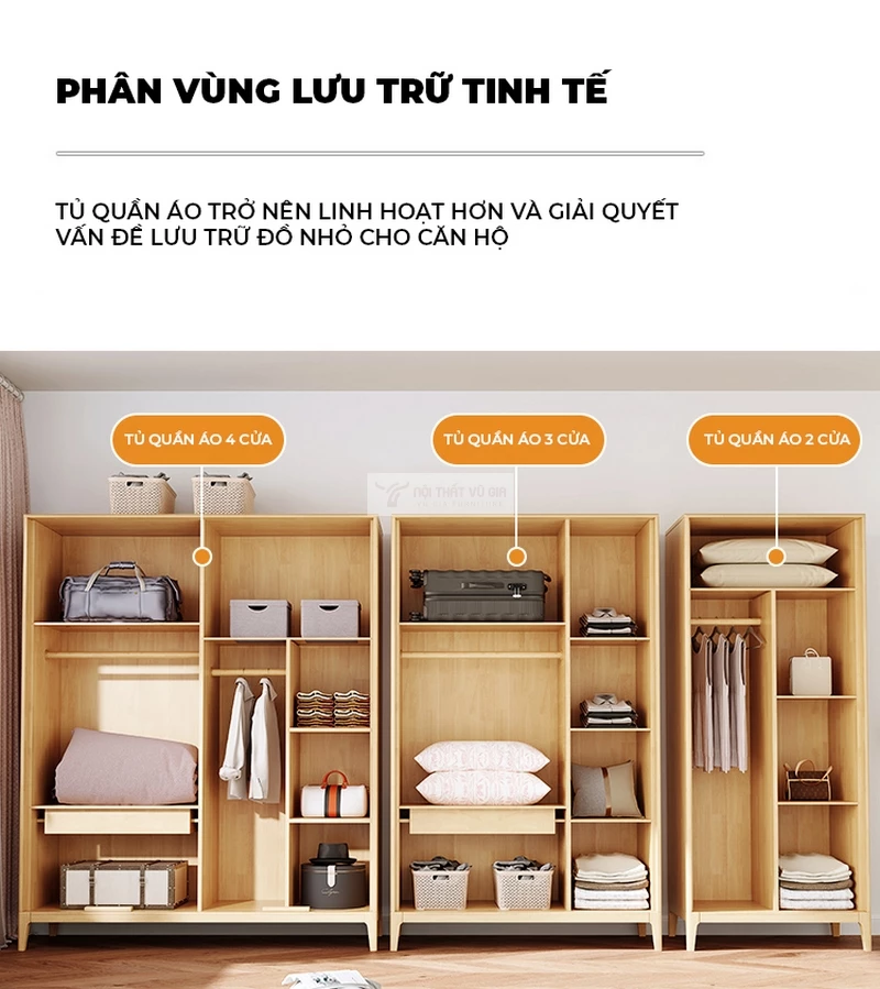 không gian lưu trữ của tủ quần áo Bộ nội thất phòng ngủ gỗ tự nhiên thiết kế tối giản, hiện đại BR178