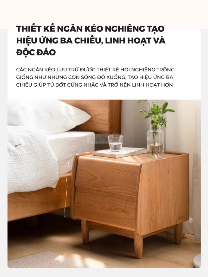 Bộ Sưu Tập Phòng Ngủ Rustic Haven 013 với thiết kế tủ đầu giường ngăn kéo nghiêng mang đến cảm giác mới lạ.