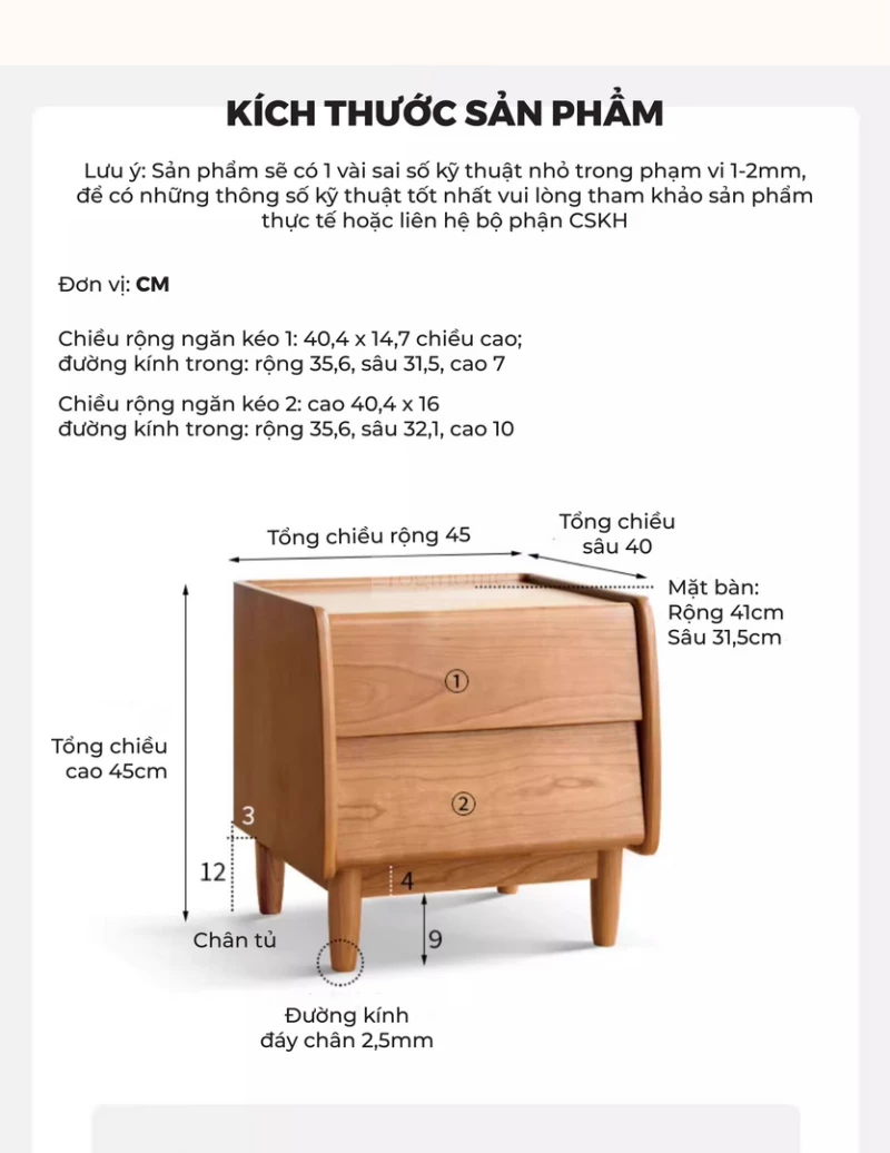 Bộ Sưu Tập Phòng Ngủ Rustic Haven 016 - Thông số và kích thước chi tiết của tủ đầu giường.