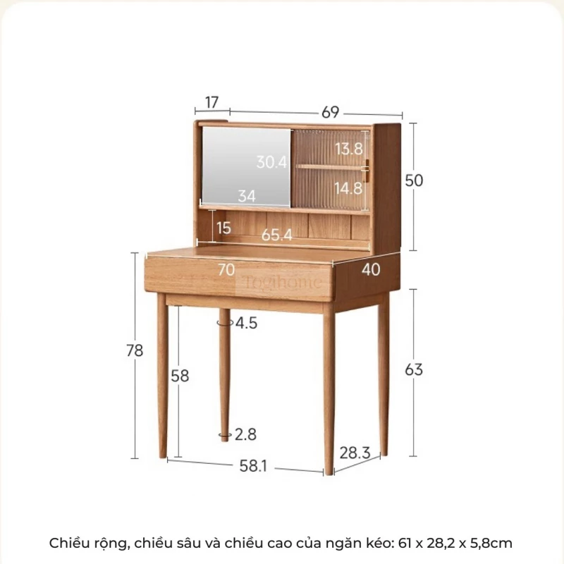Bộ Sưu Tập Phòng Ngủ Rustic Haven 016 - Thông số và kích thước chi tiết của bàn trang điểm.