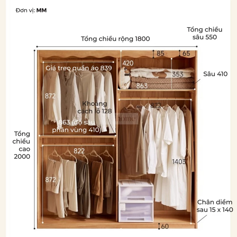 Bộ Sưu Tập Phòng Ngủ Rustic Haven 017 - Thông số của tủ quần áo.