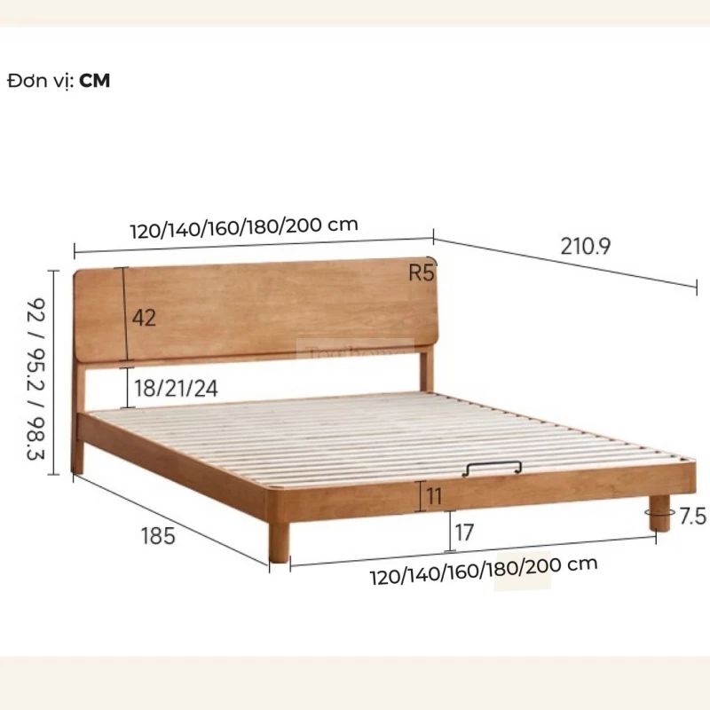 Bộ Sưu Tập Phòng Ngủ Rustic Haven 017 - Thông số và kích thước chi tiết của sản phẩm giường.