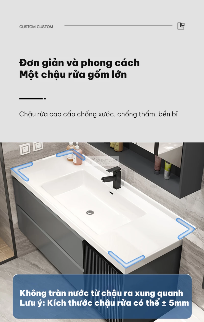 thiết kế gờ chống tràn tinh tế của Bộ tủ chậu lavabo phòng tắm cao cấp BT20