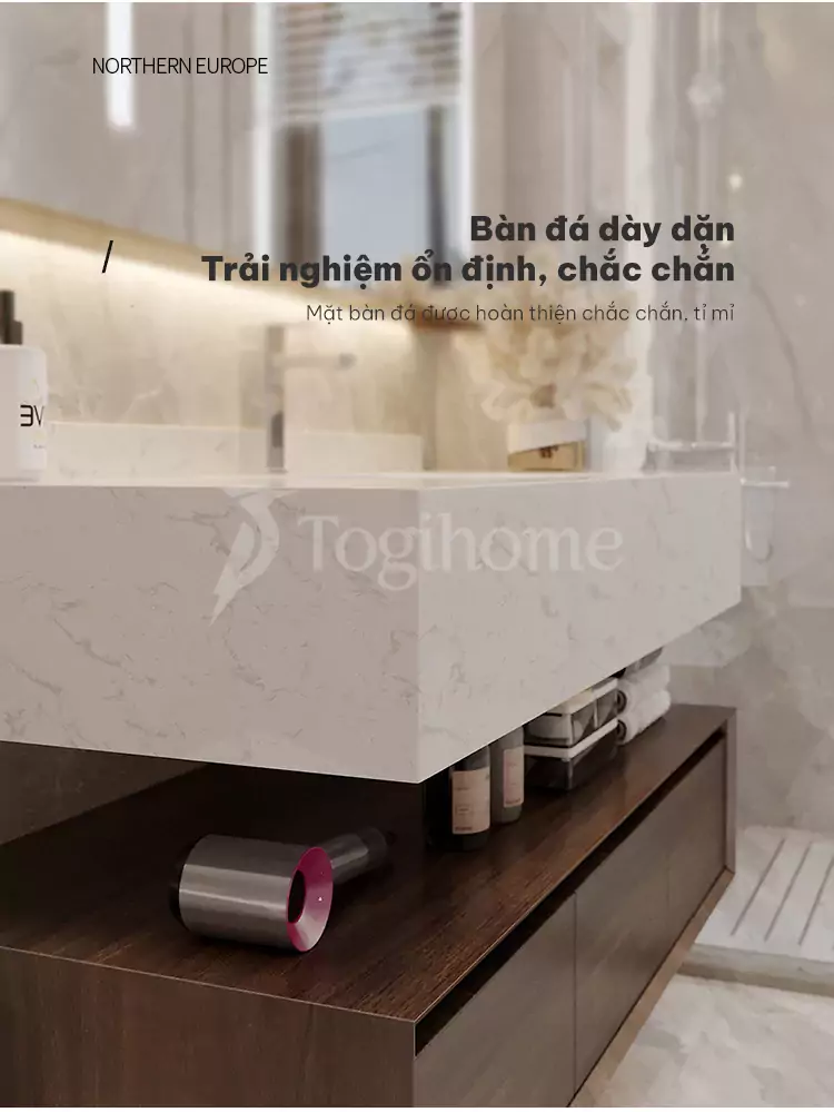 thiết kế bàn đá dày dặn, chắc chắn của Bộ tủ chậu phòng tắm cao cấp TG07