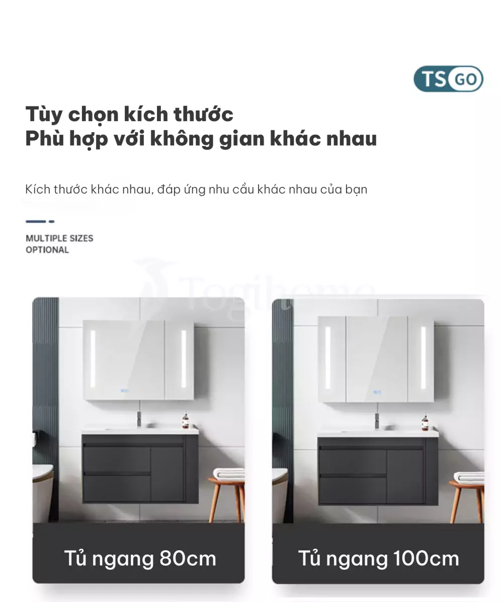 tùy chọn kích thước của Tủ Lavabo chậu sứ liền khối tích hợp tủ gương TG072