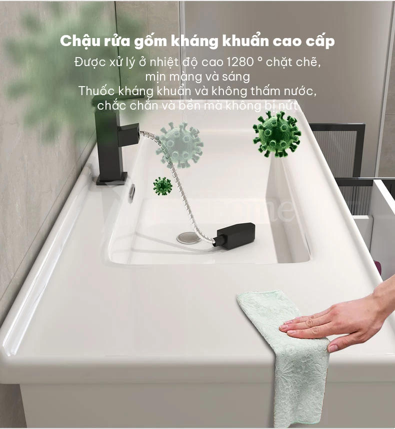 Bộ tủ chậu phòng tắm cao cấp TG24 sử dụng chậu rửa gốm cao cấp kháng khuẩn, bền bỉ