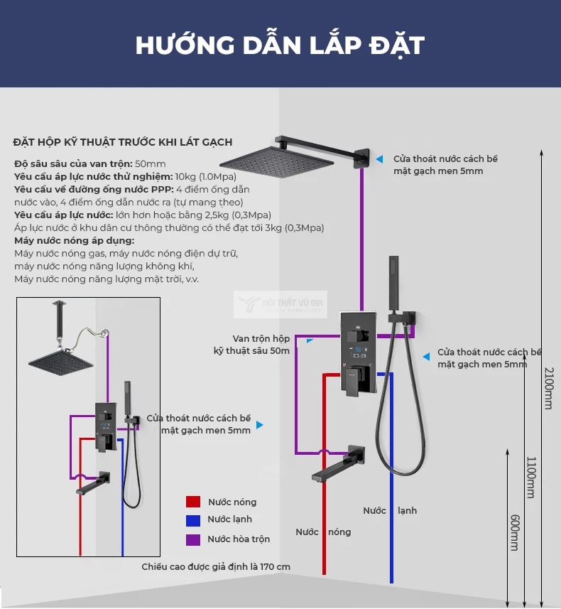 hướng dẫn lắp đặt Bộ vòi sen tắm âm tường hiện đại BT28