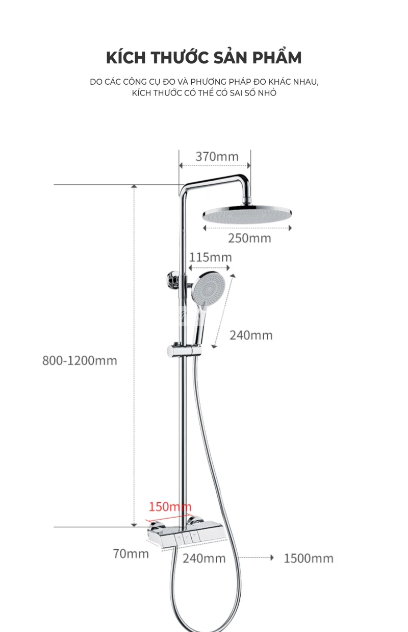 kích thước chi tiết của Bộ vòi sen tắm sang trọng BT22