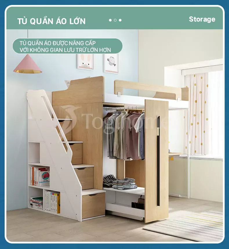 Bộ giường tầng trẻ em GTE015 kết hợp tủ quần áo và kệ thang đa năng, thiết kế kiểu dáng hiện đại với thiết kế tủ quần áo lưu trữ lớn