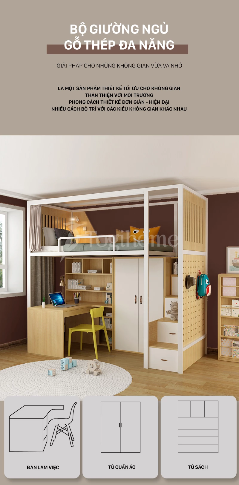 Bộ giường ngủ cao cấp GSTE004 kết hợp tủ quần áo/Bàn học/Tủ thang đa năng, phong cách hiện đại tối ưu không gian