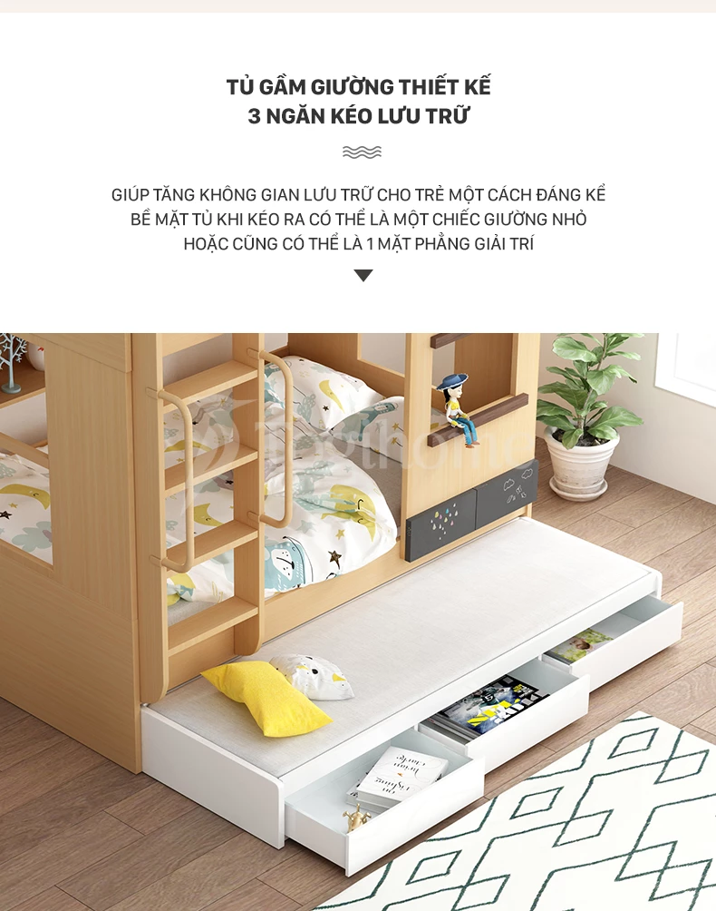 Tủ gầm giường lưu trữ của Nội thất bộ giường tầng cho trẻ GTE024 kết hợp tủ kệ và giường hộp làm từ chất liệu gỗ MDF lõi xanh cao cấp