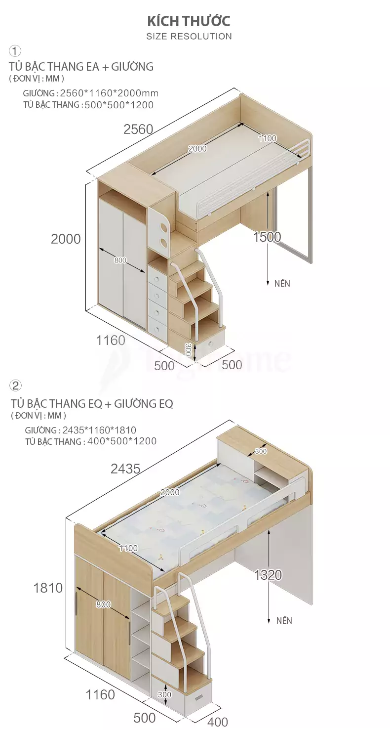 kích thước của Giường ngủ trẻ em GN007