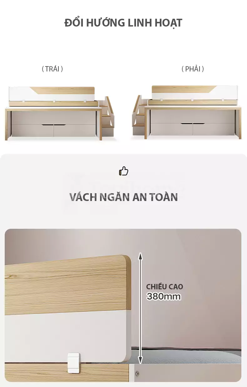 Bộ giường tầng trẻ em GN027 thông minh kết hợp tủ lưu trữ đa năng, kiểu dáng hiện đại với thiết kế tùy chỉnh hướng linh hoạt