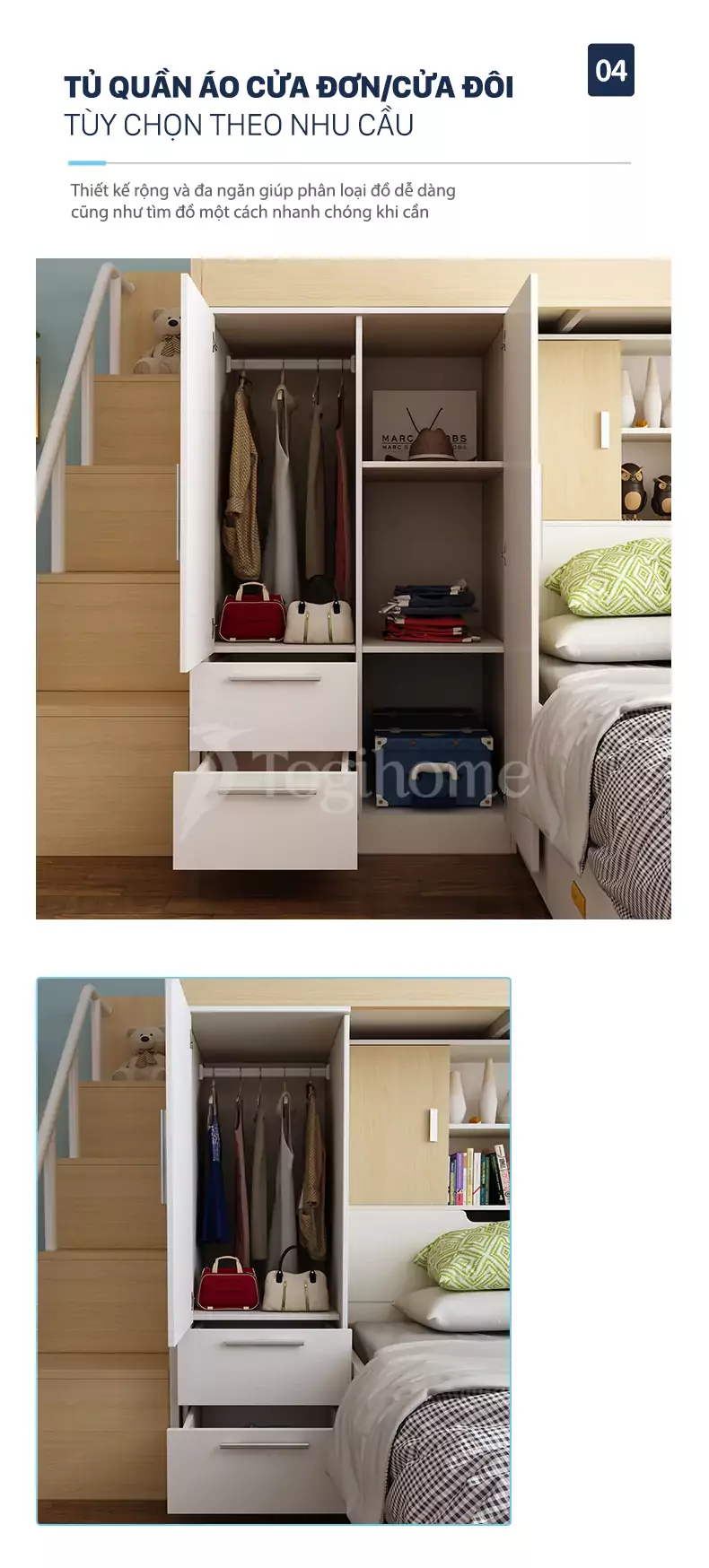 BỘ GIƯỜNG TẦNG ĐA NĂNG TRẺ EM KẾT HỢP TỦ QUẦN ÁO/CẦU THANG GTE09 phong cách tối giản, sang trọng với thiết kế tủ quần áo lưu trữ rộng dãi