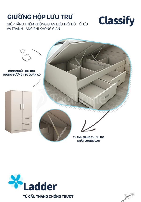 Bộ phòng ngủ trẻ em kết hợp giường tầng/tủ đồ/bàn làm việc/tủ thang GTE018 hiện đại, chất liệu gỗ MDF cao cấp với giường hộp lưu trữ lớn