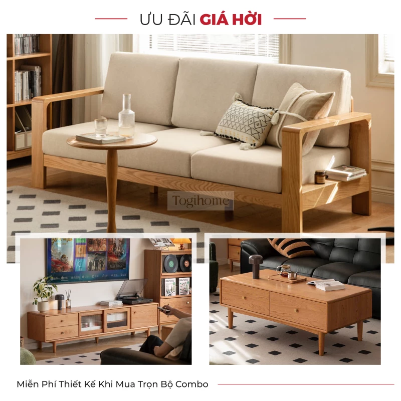Combo Phòng Khách Gỗ Tự Nhiên Cao Cấp Togismart CPK 114 gồm kệ tivi, bàn trà và sofa thiết kế hiện đại, tối giản. Sử dụng gỗ tự nhiên cao cấp, bền đẹp theo thời gian. Tông màu hài hòa, phù hợp nhiều không gian sống, mang đến sự sang trọng và tiện nghi cho phòng khách.