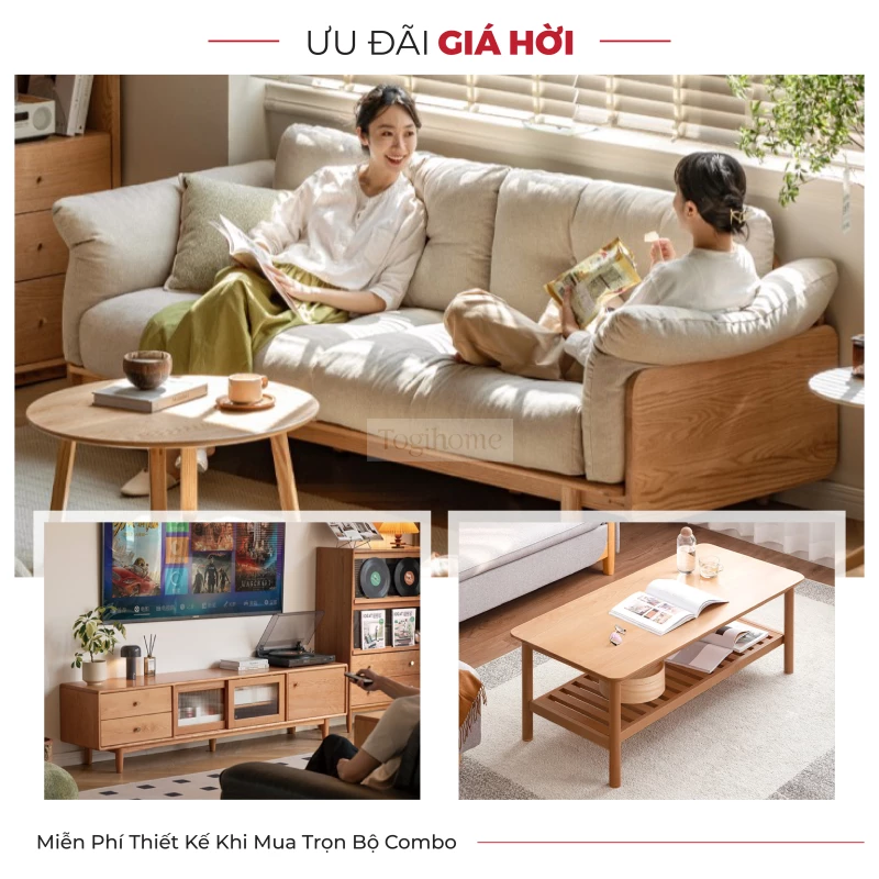Combo Phòng Khách Gỗ Tự Nhiên Cao Cấp Togismart CPK 117 bao gồm sofa văng, bàn trà và kệ tivi đồng bộ. Thiết kế tối giản hiện đại, chất liệu gỗ tự nhiên chắc chắn, bền đẹp. Phù hợp với nhiều không gian sống, mang đến vẻ sang trọng, tinh tế và tiện nghi cho ngôi nhà.