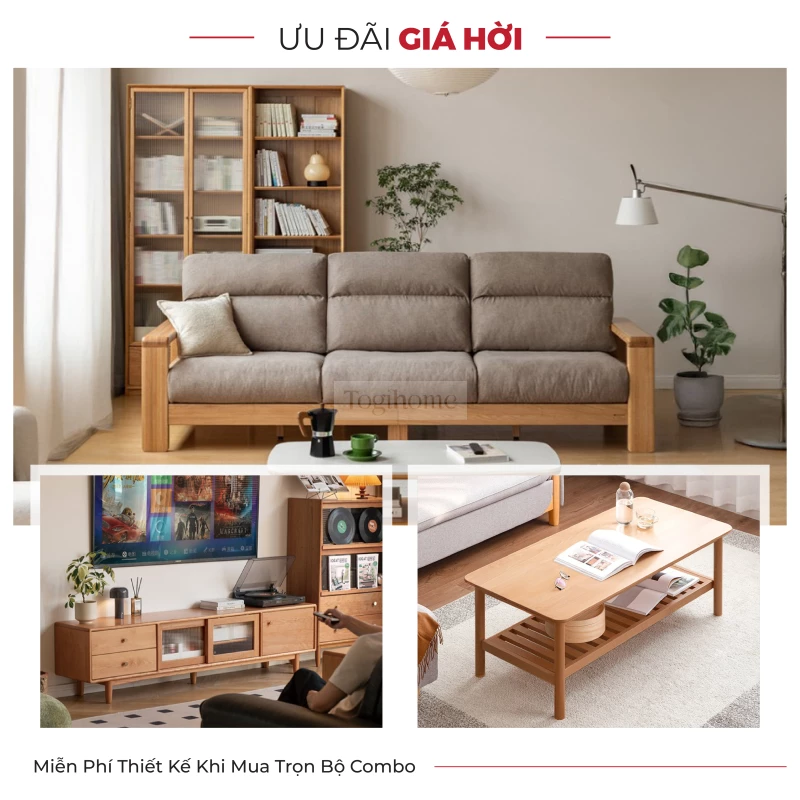 Combo Phòng Khách Gỗ Tự Nhiên Cao Cấp Togismart CPK 121 gồm sofa, bàn trà và kệ tivi đồng bộ. Thiết kế hiện đại, tinh tế với màu sắc hài hòa, chất liệu gỗ tự nhiên bền bỉ. Giải pháp hoàn hảo cho không gian sống tiện nghi, sang trọng và ấm cúng.