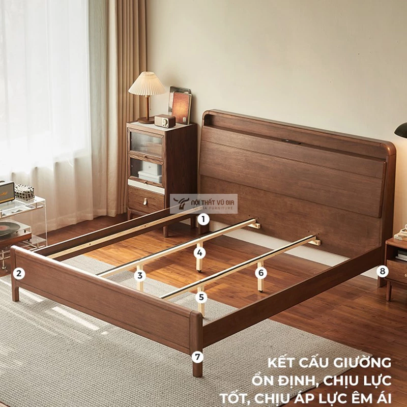 kết cấu giường ngủ của Combo phòng ngủ gỗ tự nhiên thanh lịch, sang trọng BR161