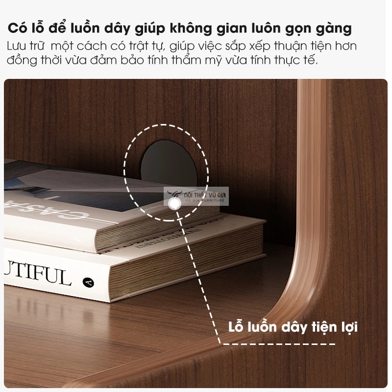 thiết kế lỗ luồn dây tiện lợi tab đầu giường của Combo phòng ngủ năng động gỗ tự nhiên cao cấp BR159