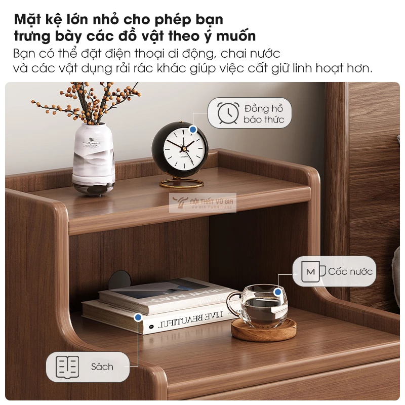 không gian lưu trữ đa năng của tab đầu giường Combo phòng ngủ năng động gỗ tự nhiên cao cấp BR159