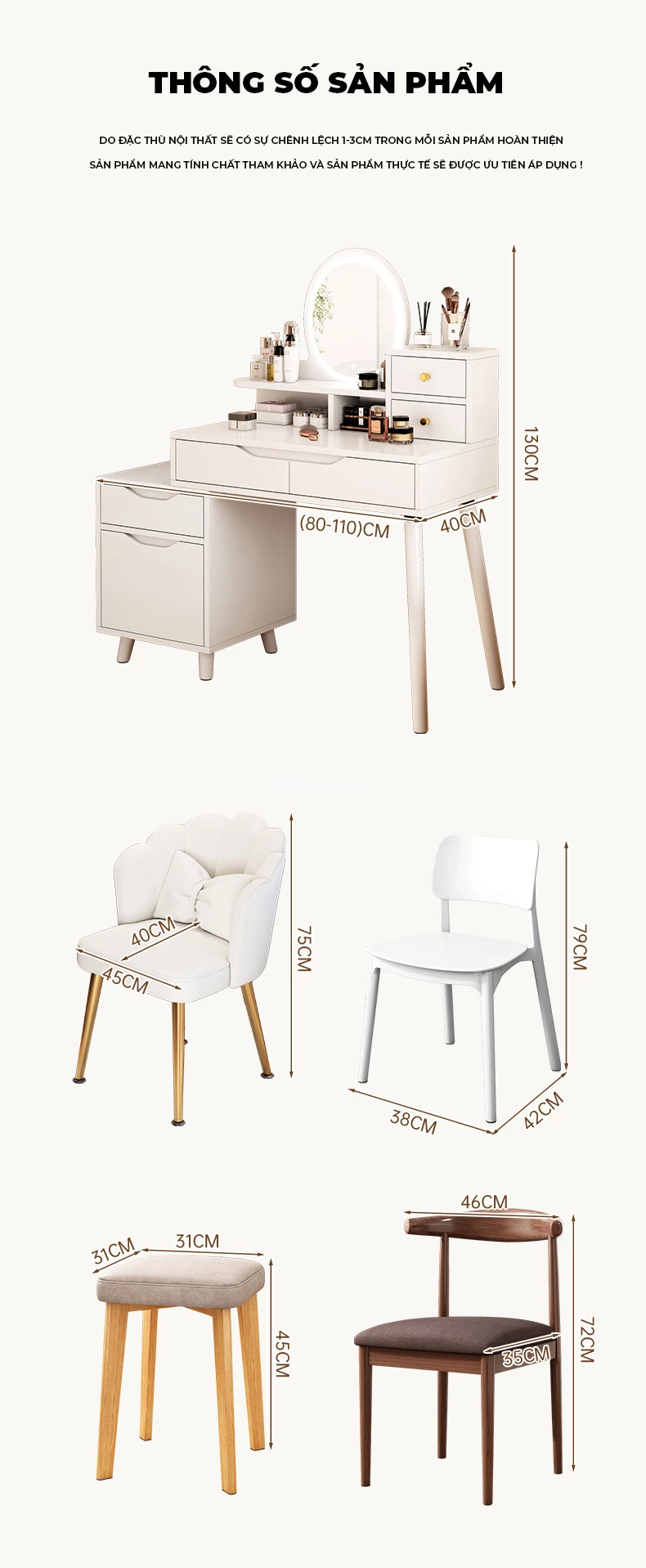 kích thước chi tiết của bàn trang điểm Combo phòng ngủ phong cách hiện đại, thiết kế thông minh BR163