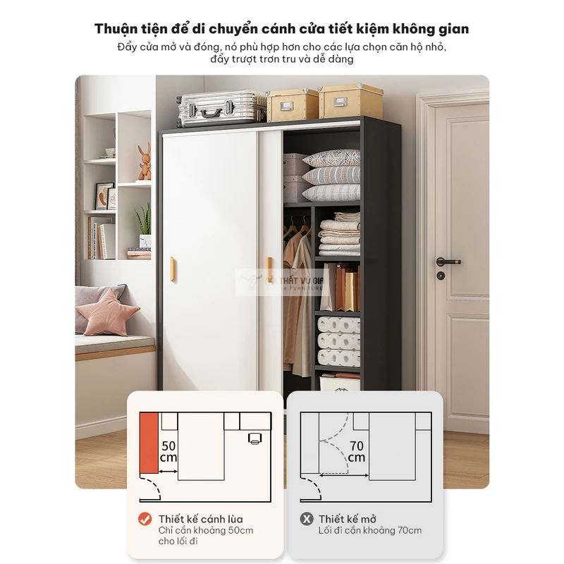 thiết kế cửa lùa tiện lợi của tủ quần áo Combo phòng ngủ phong cách hiện đại, thiết kế thông minh BR163