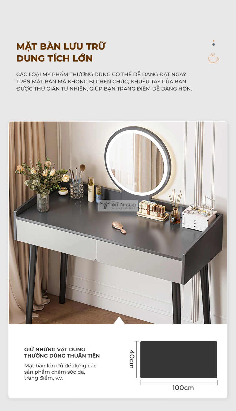 bàn trang điểm của Combo phòng ngủ phong các hiện đại tối giản BR160 sử dụng mặt bàn rộng rãi