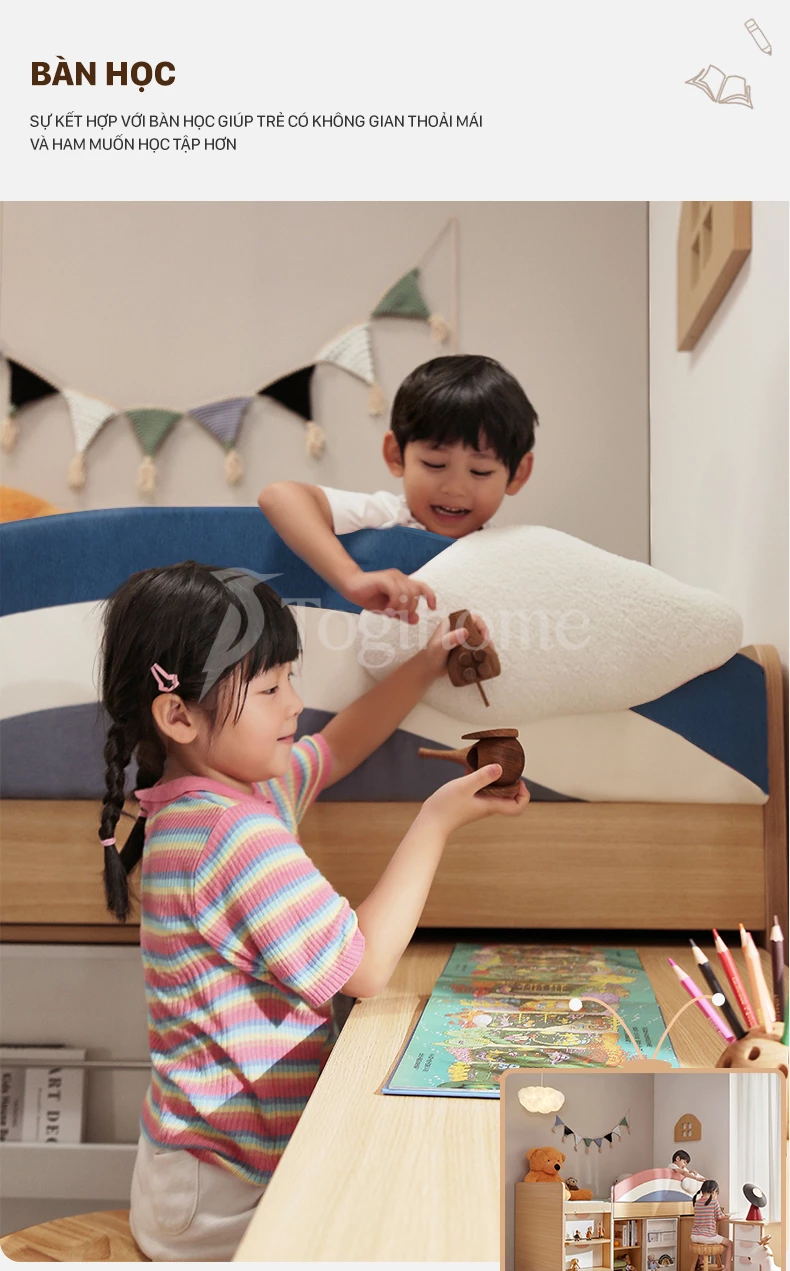 Combo giường tầng GTE027 kết hợp tủ và bàn học xinh xắn dành cho trẻ em với thiết kế tối ưu không gian với bàn học thông minh