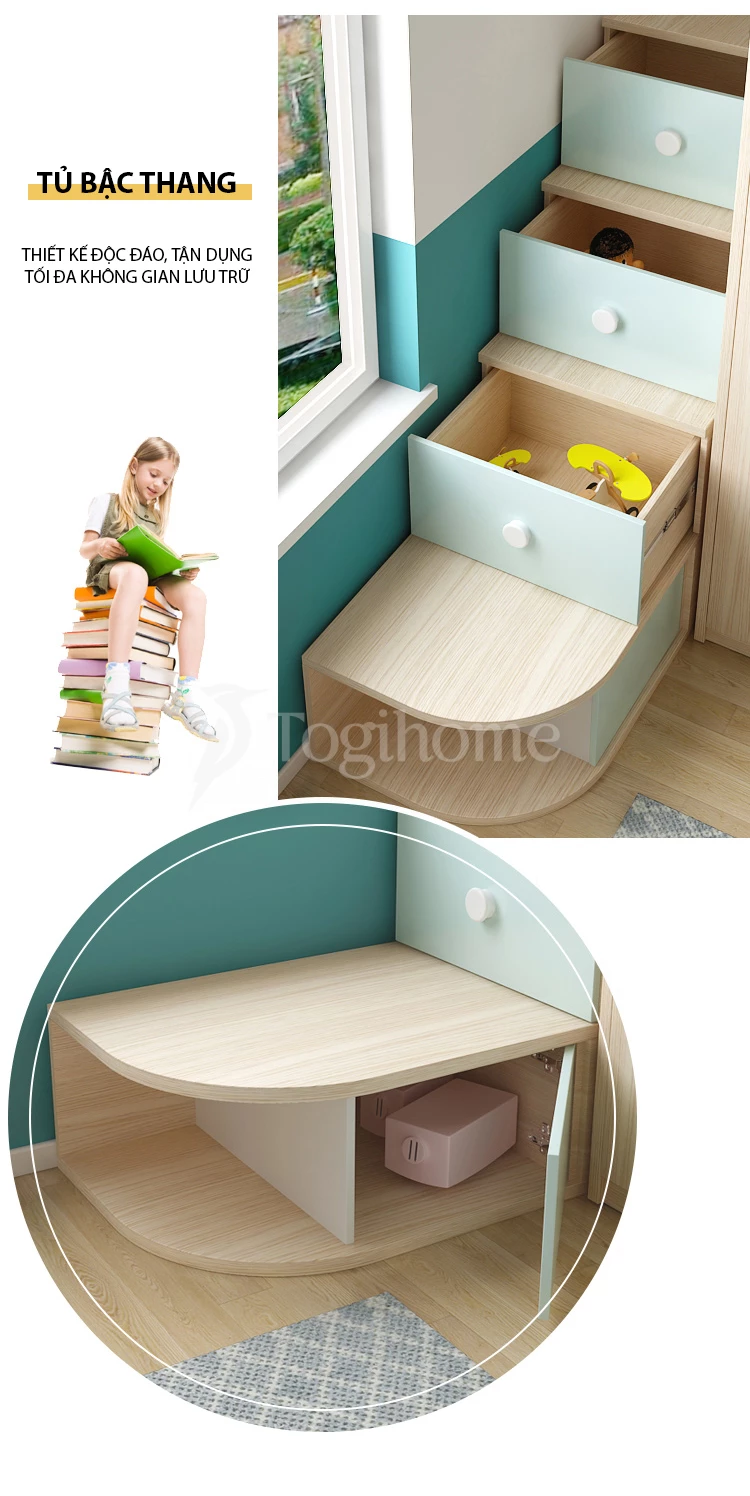 Combo bộ giường tầng kết hợp tủ quần áo lưu trữ GN017 đa năng, độ thẩm mỹ cao, chất liệu gỗ cao cấp kết hợp tủ thang chống trượt đa năng