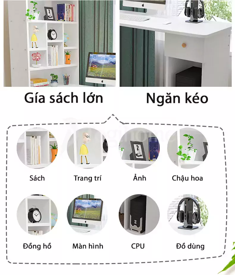 Bàn học sinh kiểu dáng hiện đại BHSV053  kết hợp kệ sách tối ưu không gian với thiết kế phân vùng lưu trữ đa dạng