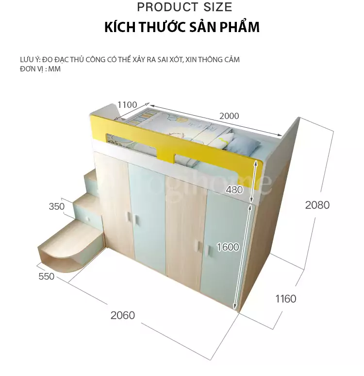 Kích thước chi tiết Combo bộ giường tầng kết hợp tủ quần áo lưu trữ GN017 đa năng, độ thẩm mỹ cao, chất liệu gỗ cao cấp