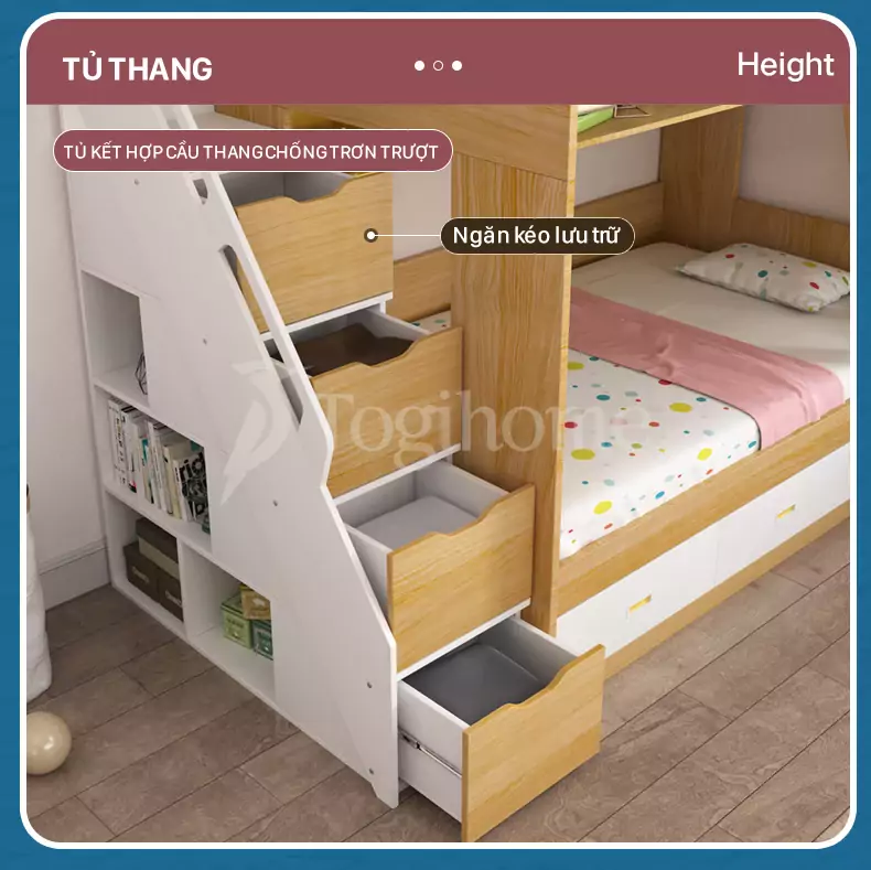 Bộ giường tầng trẻ em GTE022 kết hợp tủ và cầu thang đa năng, chất liệu gỗ MDF chống ẩm cao cấp với tủ thang nhiều ngăn lưu trữ đồ
