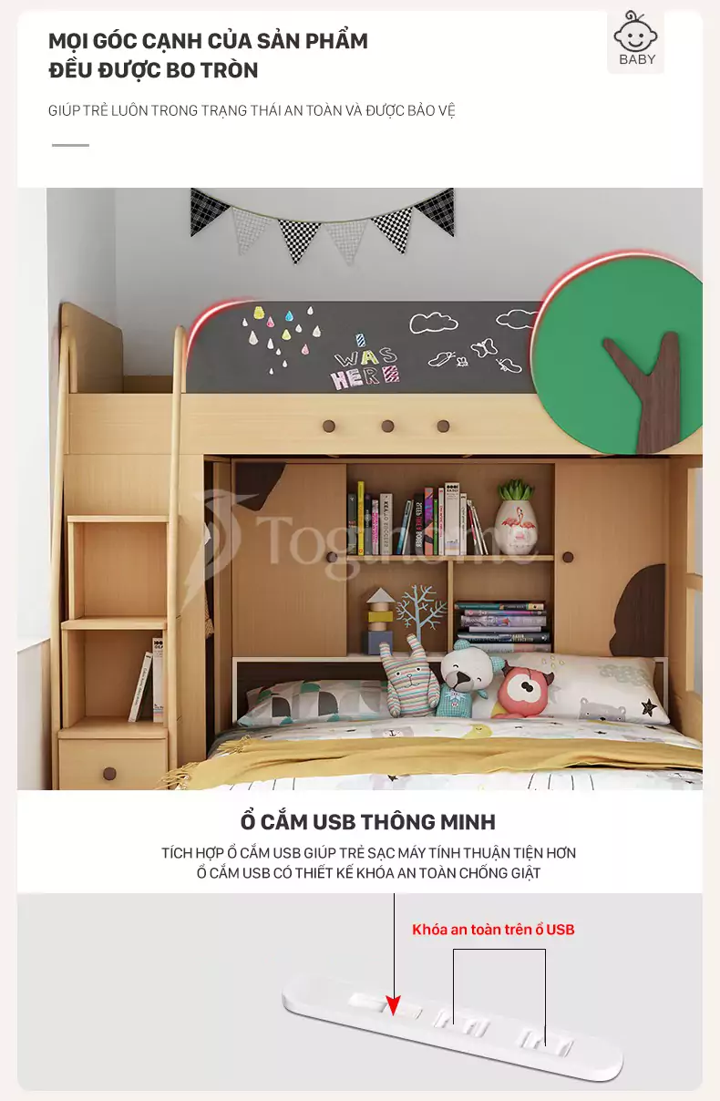 Bộ giường ngủ 2 tầng GTE034 đa năng kết hợp kệ sách và tủ thang dành cho trẻ phong cách hiện đại tích hợp ổ cắm USB thông minh