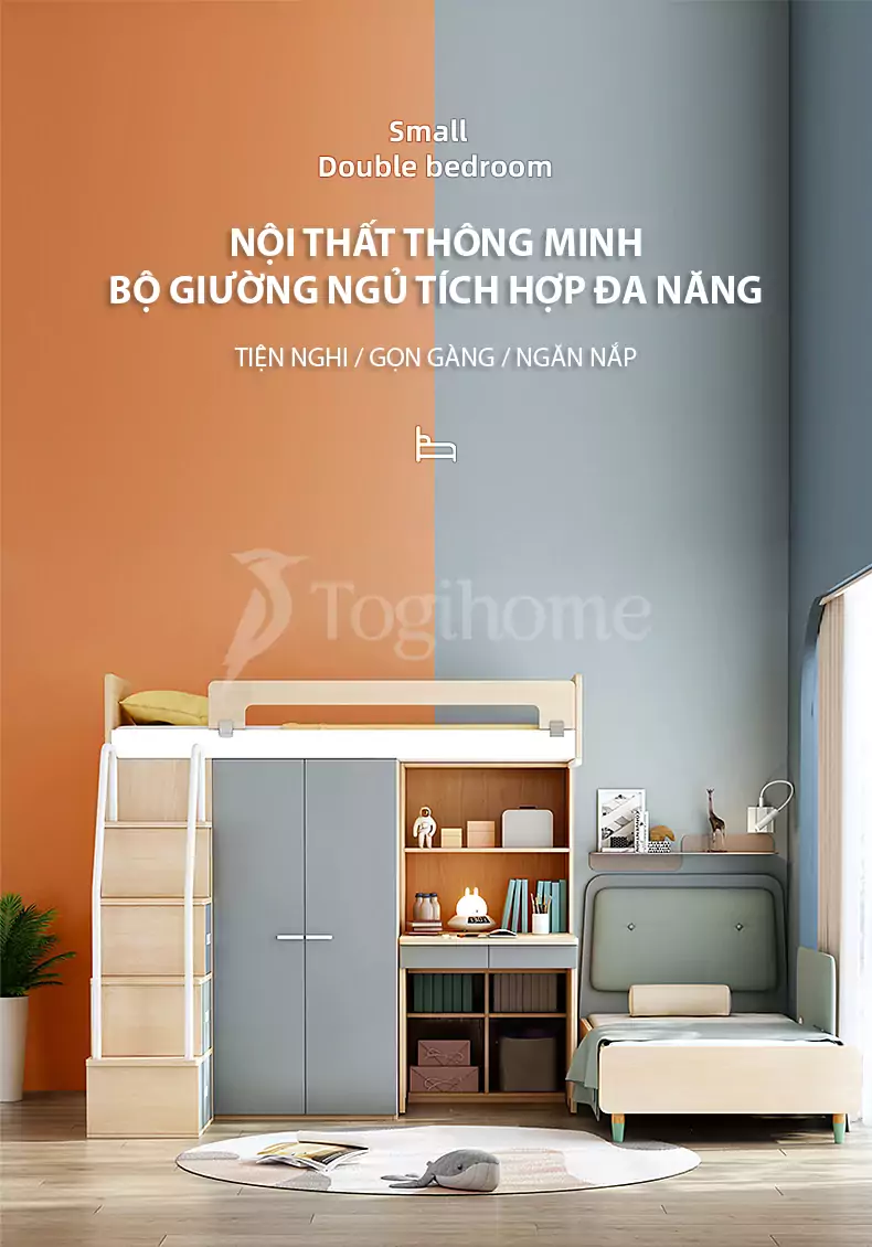 Bộ giường tầng GN035 đa năng kết hợp tủ/bàn học kiểu dáng hiện đại, tối ưu không gian với thiết kế đa năng