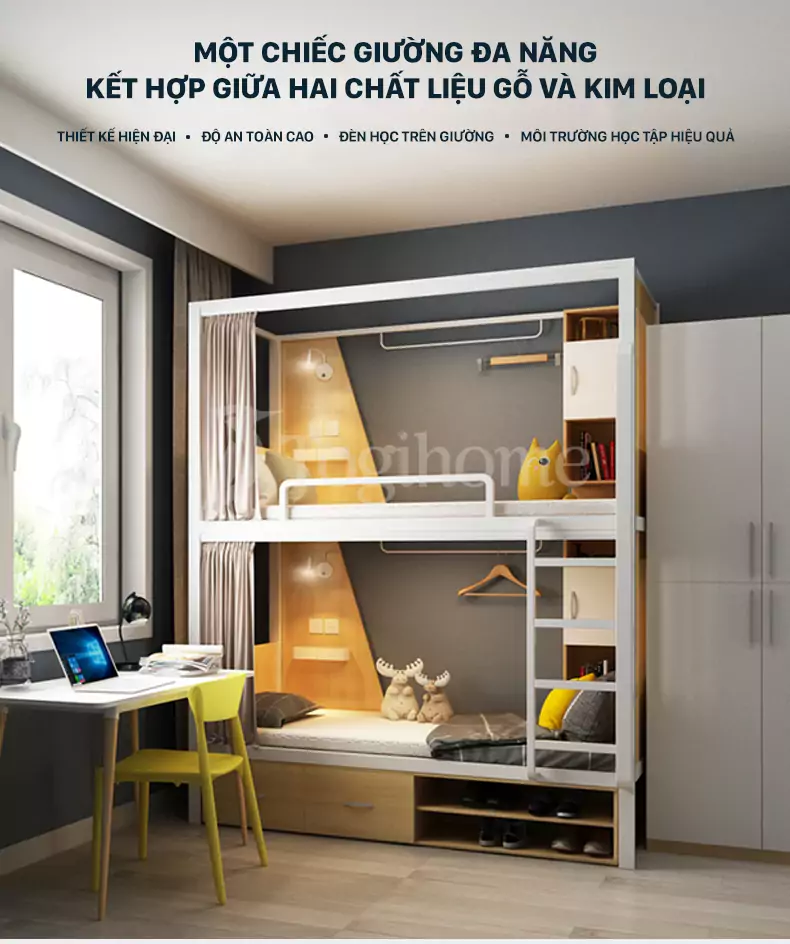 BỘ GIƯỜNG NGỦ GỖ THÉP CAO CẤP GSTE001 KẾT HỢP KỆ SÁCH VÀ TỦ PHONG CÁCH HIỆN ĐẠI TỐI GIẢN tối ưu không gian