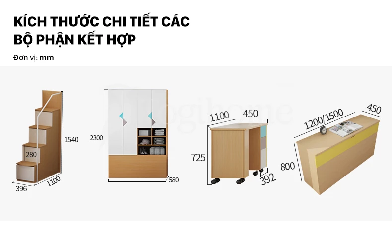 Kích thước các bộ phận trong Bộ giường tầng trẻ em GTE026 kết hợp tủ đồ và tủ giường kiểu dáng hiện đại, chất liệu gỗ MDF cao cấp