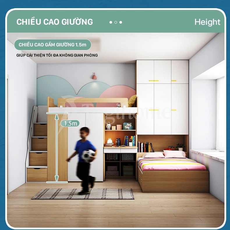 Chiều cao bộ Combo nội thất giường ngủ trẻ em GTE07 kết hợp tủ đồ, tủ thang và bàn làm việc từ chất liệu gỗ MDF cao cấp