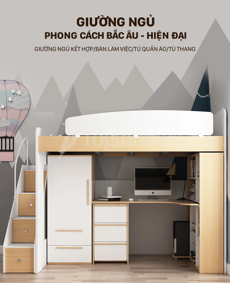 Phối cảnh Bộ giường ngủ trẻ em GTE020 phong cách Bắc Âu kết hợp tủ đồ/tủ thang cao cấp